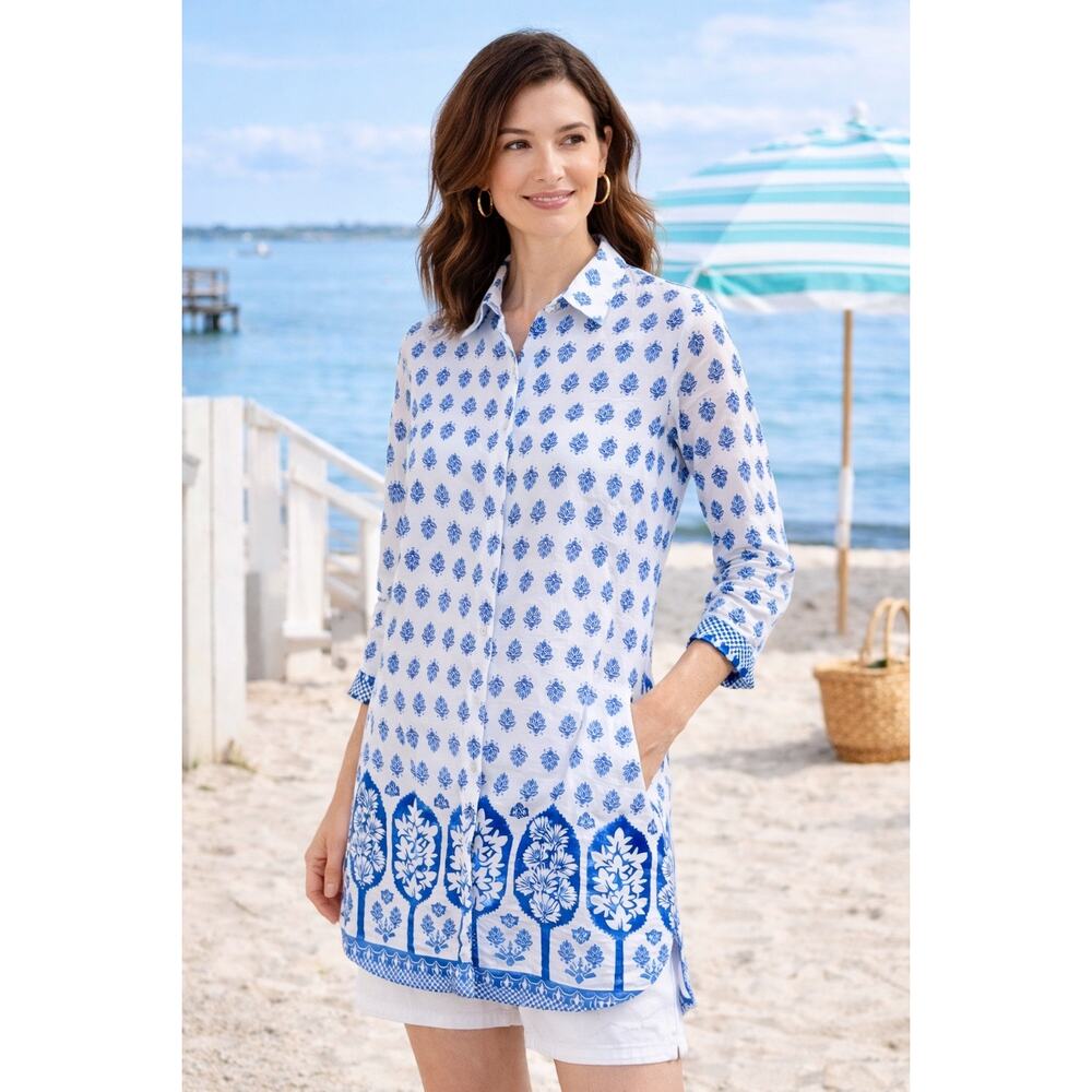 Jude Connally Callie Tunic Top Blue White Floral Cotton Button Front Size L